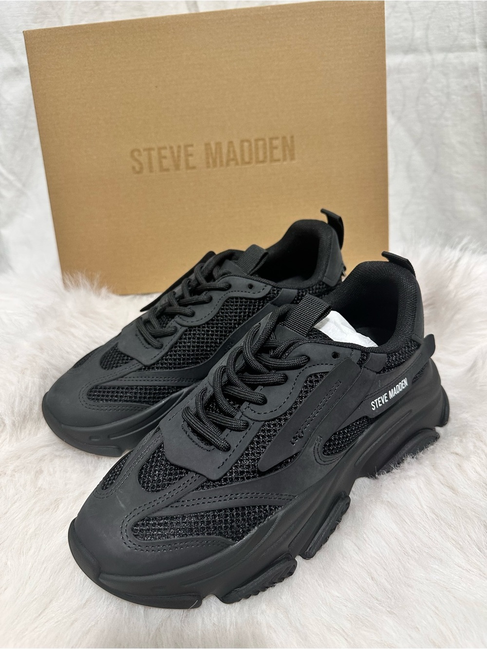 Steve Madden Women’s Black Mesh‎ & Leather Chunky Sneakers